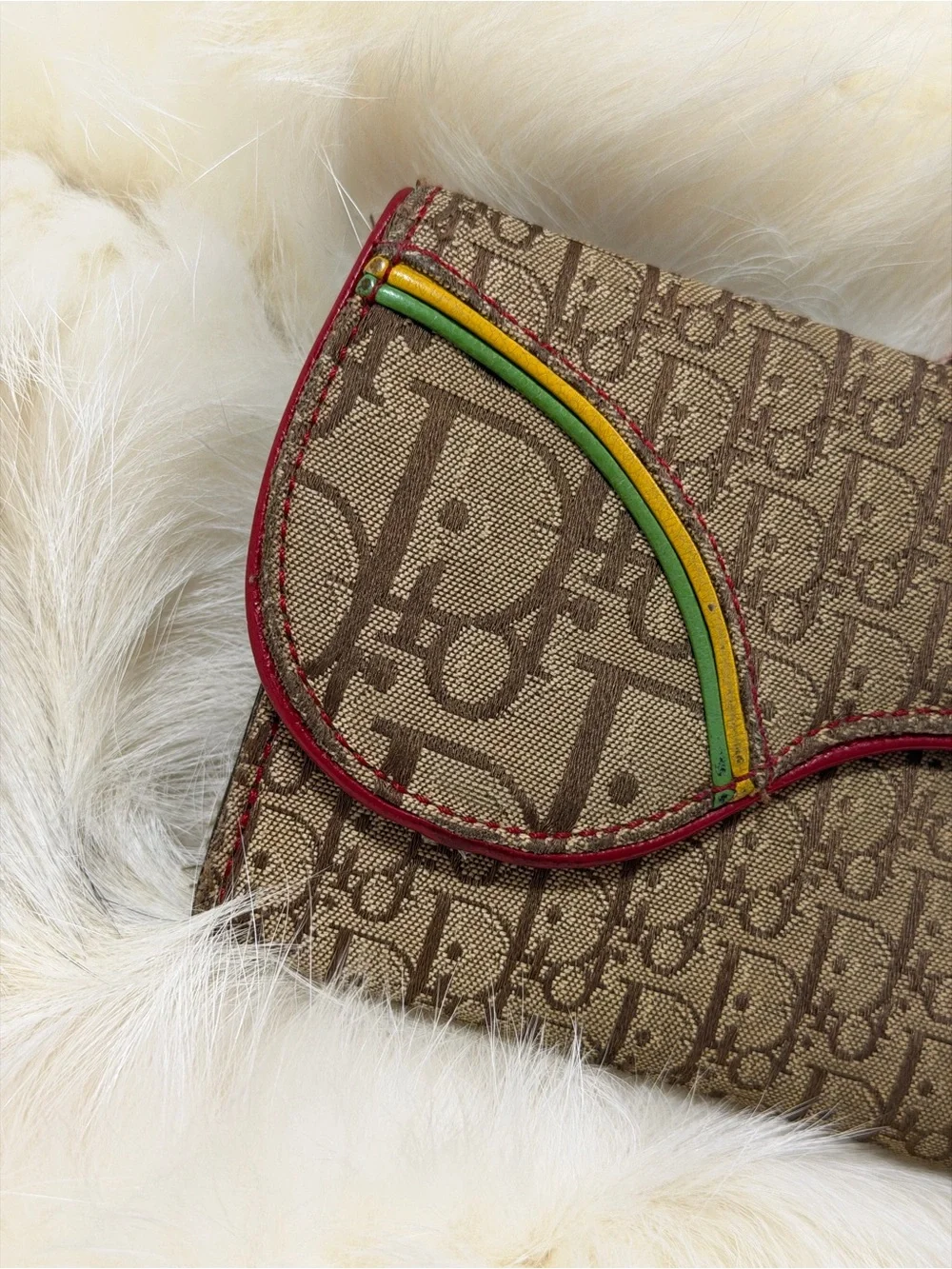 Christian Dior Y2K Vintage Trotter Monogram Rasta Color Canvas Saddle Wallet